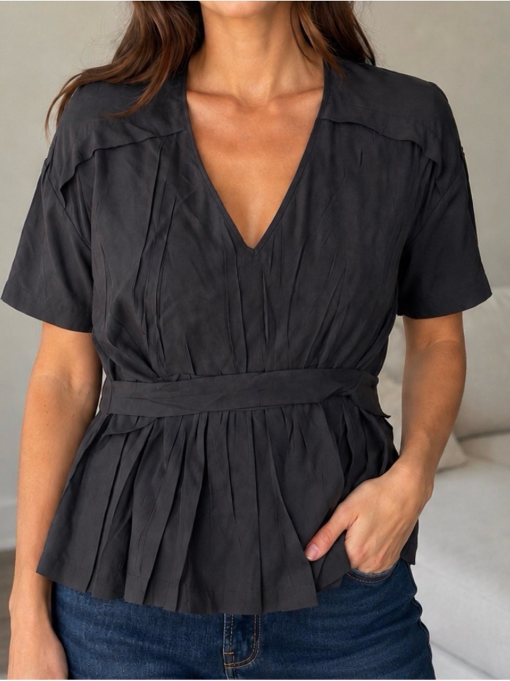 Cotelac Pleated V-Neck Short Sleeve Blouse in Black